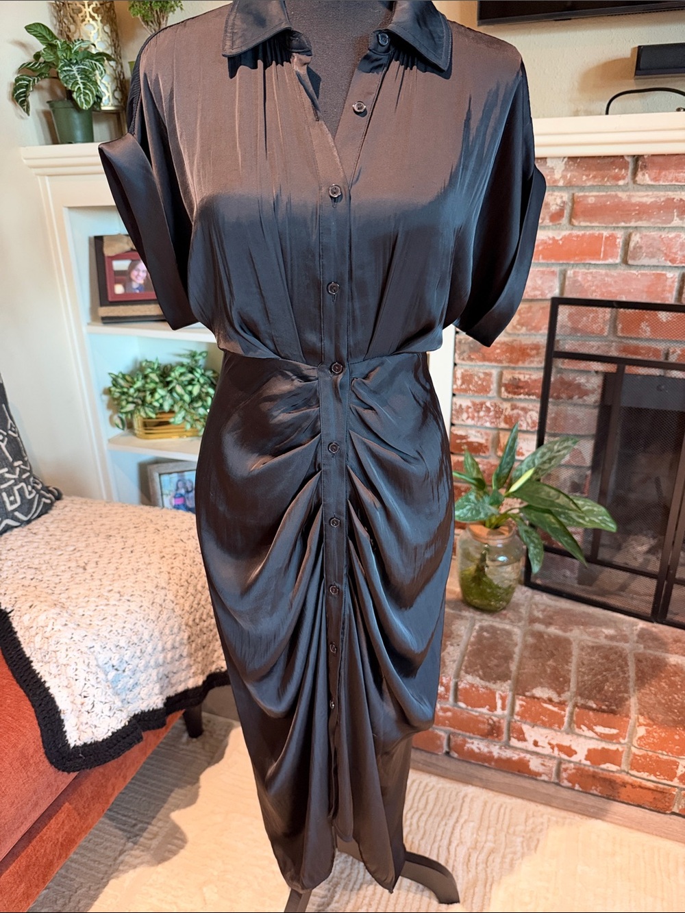 Steve Madden Black Ruched Button-Front Midi Dress